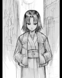 Rule 34 | 1girl, fur trim, greyscale, jacket, japanese clothes, kara no kyoukai, kimono, monochrome, pillarboxed, ryougi shiki, sketch, solo, tetsu (kimuchi)