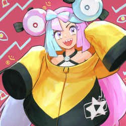 Rule 34 | 1girl, :d, bow-shaped hair, character hair ornament, commentary, creatures (company), english commentary, game freak, go-lurk, green hair, hair ornament, happy, iono (pokemon), jacket, long hair, multicolored hair, nintendo, open mouth, pink hair, pokemon, pokemon sv, purple hair, revision, sharp teeth, shirt, sleeves past fingers, sleeves past wrists, smile, solo, teeth, tongue, twintails, two-tone hair, upper body, very long hair, white shirt, yellow jacket
