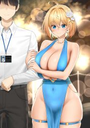 Rule 34 | 1boy, 1girl, absurdres, ahoge, bare shoulders, blonde hair, blue dress, blue eyes, blue nails, blush, borrowed character, breasts, cleavage, closed mouth, cocktail dress, collared shirt, commission, covered navel, dress, earrings, flower, grape ade (cardslash2001), hair flower, hair ornament, highres, holding another&#039;s arm, huge breasts, jewelry, lanyard, long sleeves, looking at viewer, nail polish, original, pants, pelvic curtain, rose, shaded face, shirt, short hair, smile, sophia f shirring, thigh strap, white flower, white rose, white shirt