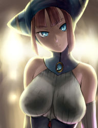 Rule 34 | 1girl, bare shoulders, blue eyes, breasts, breath of fire, breath of fire v, brown hair, hat, head tilt, highres, large breasts, lin, lin (breath of fire), looking at viewer, solo, ueyama michirou, upper body