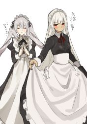 Rule 34 | 2girls, absurdres, altera (fate), alternate costume, apron, bad id, bad pixiv id, black dress, black nails, blush, closed eyes, closed mouth, dress, enmaided, fate/grand order, fate (series), grey hair, highres, long hair, long sleeves, looking away, looking to the side, maid, maid apron, maid headdress, marie antoinette (animejapan 2016) (fate), marie antoinette (fate), multiple girls, nail polish, neck ribbon, official alternate costume, own hands together, red eyes, ribbon, simple background, skirt hold, smile, standing, teshima nari, translation request, twintails, very long hair, white background