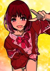 Rule 34 | 1girl, absurdres, arima kana, happy, highres, jacket, nicolanicconico, open mouth, oshi no ko, red eyes, red hair, red jacket, red ribbon, ribbon, short hair, smile, solo, v, yellow background