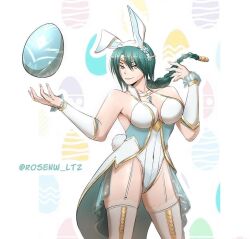 Rule 34 | 1girl, alternate costume, animal ears, artist name, bare shoulders, bracer, braid, braided ponytail, breasts, choker, circlet, cleavage, coattails, cosplay, cowboy shot, easter egg, egg, fire emblem, fire emblem heroes, garter straps, gem, gold trim, green hair, hair ornament, jewelry, large breasts, leotard, lips, loki (fire emblem), loki (fire emblem) (cosplay), long hair, looking at viewer, mature female, nintendo, playboy bunny, plunging neckline, rabbit ears, rosenw ltz, see-through, simple background, single braid, smile, solo, thick thighs, thighhighs, thighs, thorr (fire emblem), yellow eyes
