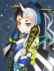 Rule 34 | 1girl, aqua eyes, black hair, eyeshadow, fingerless gloves, gloves, heterochromia, hikimayu, horns, makeup, multicolored hair, phantasy star, phantasy star online 2, ponytail, red eyes, single horn, solo, sukuna-hime, sukunahime, white hair