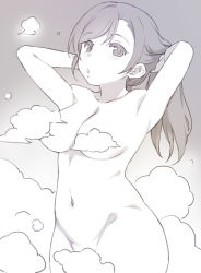 Rule 34 | 1girl, armpits, arms behind head, breasts, collarbone, completely nude, convenient censoring, duke (inu daimyou), greyscale, groin, hair down, long hair, looking at viewer, love live!, love live! school idol project, monochrome, navel, nude, solo, steam, steam censor, tojo nozomi