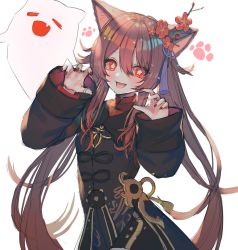 Rule 34 | 1girl, :d, animal ears, blush, brown hair, chinese clothes, claw pose, cowboy shot, fang, flower, flower-shaped pupils, fox ears, genshin impact, ghost, hair between eyes, hair flower, hair ornament, hanato (seonoaiko), highres, hu tao (genshin impact), kemonomimi mode, long sleeves, looking at viewer, nail polish, no headwear, open mouth, red eyes, red flower, red nails, simple background, sketch, smile, solo, symbol-shaped pupils, tassel, thumb ring, white background