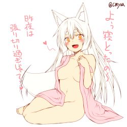 Rule 34 | &gt;:d, 1girl, :d, animal ear fluff, animal ears, areola slip, barefoot, blush, breasts, breasts apart, collarbone, curvy, eyebrows, fang, flat color, foreshortening, fox ears, fox tail, full body, hair between eyes, heart, japanese clothes, kimono, kohaku (yua), large breasts, long hair, looking at viewer, naked kimono, navel, nude, open mouth, orange eyes, original, simple background, sitting, slit pupils, smile, solo, tail, tail wagging, tareme, thick eyebrows, thighs, translation request, twitter username, v-shaped eyebrows, white background, white hair, yokozuwari, yua (checkmate), yukata