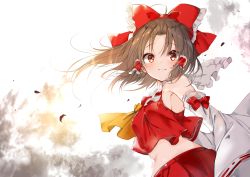 Rule 34 | 1girl, absurdres, ascot, bow, breasts, brown eyes, brown hair, closed mouth, crop top, detached sleeves, floating hair, hair bow, hair tubes, hakurei reimu, highres, light smile, long hair, long sleeves, looking at viewer, medium breasts, midriff, red bow, red skirt, red vest, ribbon-trimmed sleeves, ribbon trim, sidelocks, skirt, skirt set, solo, touhou, umino mizu, vest, white background, wide sleeves, wind, yellow ascot