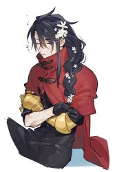 Rule 34 | ..., 1boy, black hair, black pants, braid, cloak, closed eyes, closed mouth, commentary, cropped legs, crossed arms, final fantasy, final fantasy vii, flower, hair between eyes, hair flower, hair ornament, highres, long hair, male focus, pants, red cloak, side braid, simple background, solo, squeans, symbol-only commentary, tanaka nmnl, vincent valentine, white background, white flower, zzz