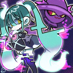 Rule 34 | 1girl, :/, black skirt, black sleeves, black thighhighs, blue hair, chibi, colored sclera, commentary request, creatures (company), detached arm, detached legs, detached sleeves, expressionless, feet out of frame, film grain, game freak, gen 4 pokemon, ghost miku (project voltage), glitch, glowing, glowing hair, glowing neckwear, grey sclera, grey shirt, halftone, hands up, hatsune miku, highres, hitodama, jitome, long hair, looking at viewer, mismagius, monme (monme v), multicolored hair, necktie, nintendo, pigeon-toed, pokemon, pokemon (creature), project voltage, raised eyebrows, shaded face, shirt, signature, skirt, sleeveless, sleeveless shirt, solo, tareme, thighhighs, very long hair, vocaloid, white hair, white skirt, will-o&#039;-the-wisp (mythology), yellow eyes