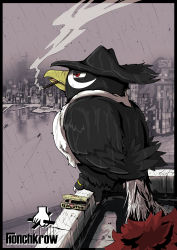 Rule 34 | absurdres, animal focus, beak, bird, building, character name, cigar, city, claws, commentary request, creatures (company), feathers, game freak, gen 4 pokemon, hat, highres, honchkrow, looking afar, nintendo, no humans, outdoors, pokemon, pokemon (creature), rain, red eyes, rooftop, smoke, smoking, t0k0d18, tail