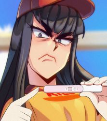 Rule 34 | 1girl, angry, arwald, baseball cap, black hair, blue eyes, blurry, blurry background, brand name imitation, breasts, burger king, commentary, constricted pupils, disgust, employee uniform, frown, furrowed brow, hat, highres, hime cut, holding, implied pregnancy, kill la kill, kiryuuin satsuki, large breasts, long hair, looking at viewer, pointing, portrait, pregnancy test, red hat, shirt, sidelocks, solo, symbol-only commentary, thick eyebrows, uniform, v-shaped eyebrows, yellow shirt