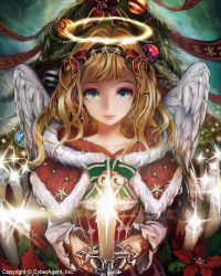 Rule 34 | 1girl, angel, angel wings, bad cghub id, bad id, blonde hair, blue eyes, candle, capelet, christmas, christmas tree, copyright request, eyelashes, feathered wings, hairband, halo, horim, lips, long hair, looking at viewer, solo, wings
