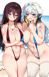 Rule 34 | 2girls, animal ears, bare shoulders, blue hair, blue one-piece swimsuit, blush, braid, breasts, brown hair, brown one-piece swimsuit, cleavage, collarbone, commission, hair between eyes, highres, jewelry, large breasts, light blue hair, long hair, looking at viewer, multiple girls, navel, ndgd, necklace, one-piece swimsuit, open mouth, original, pixiv commission, purple eyes, red eyes, slingshot swimsuit, smile, swimsuit, thighhighs, thighs, white thighhighs