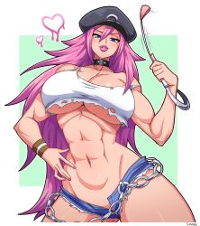 Rule 34 | 1girl, absurdres, belt, belt chain, bracelet, breasts, capcom, chain, collar, female focus, final fight, hat, heart, highres, jewelry, large breasts, long hair, looking at viewer, muscular, muscular female, no panties, pink hair, poison (final fight), purple eyes, shorts, simmsy, smile, solo, street fighter, torn clothes