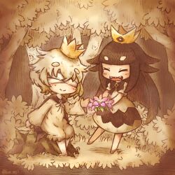 Rule 34 | 1boy, 1girl, absurdres, artist name, barefoot, black bow, black hair, blind prince, blindfold, blush, bow, cape, closed eyes, commentary request, crown, dress, flower, full body, highres, holding, holding flower, leaf, liar princess, light blush, long hair, medium hair, nature, reaching, sepia, sharp teeth, sitting, smile, standing, teeth, tree, tree stump, two-tone dress, usotsuki hime to moumoku ouji, weegie, white dress, white hair