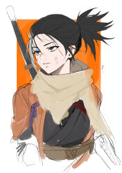 Rule 34 | 1girl, ?, absurdres, bechu, black hair, coat, commentary request, facial scar, genderswap, genderswap (mtf), grey eyes, grey scarf, highres, japanese clothes, katana, korean commentary, ninja, orange background, orange coat, parted lips, ponytail, prosthesis, prosthetic arm, scar, scar across eye, scar on cheek, scar on face, scar on nose, scarf, sekiro, sekiro: shadows die twice, short hair, simple background, sketch, solo, sword, torn clothes, torn coat, weapon, white background, white hair