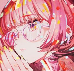 Rule 34 | 1girl, close-up, highres, lips, looking to the side, mika pikazo, nail polish, open mouth, original, own hands together, parted lips, pink-framed eyewear, pink eyes, pink hair, pink sweater, ribbed sweater, solo, sweater, turtleneck, wireless earphones, yellow nails