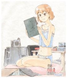 Rule 34 | 1girl, :3, bare shoulders, blush, brown eyes, camisole, computer, kneeling, lingerie, monitor, motherboard, mutou youshun, original, panties, red hair, seiza, short hair, sitting, solo, table, tools, underwear, underwear only, wavy hair, youshun