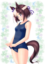 Rule 34 | 1girl, animal ears, blue one-piece swimsuit, braid, breasts, brown hair, cowboy shot, floral print, french braid, hair ribbon, highres, horse ears, horse girl, horse tail, looking down, multicolored hair, neopure, old school swimsuit, one-piece swimsuit, purple eyes, ribbon, school swimsuit, school swimsuit flap, small breasts, solo, special week (umamusume), standing, swimsuit, tail, two-tone hair, umamusume