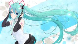 Rule 34 | 1girl, absurdres, aqua eyes, aqua hair, aqua necktie, bare shoulders, black skirt, black sleeves, blue sky, cloud, cloudy sky, commentary, day, detached sleeves, floral background, from side, glowing, hair ornament, hand on headphones, hands up, hatsune miku, hatsune miku (vocaloid4), headphones, highres, leaning forward, long hair, looking at viewer, looking to the side, necktie, petals, record42, see-through, shirt, shoulder tattoo, skirt, sky, sleeveless, sleeveless shirt, smile, solo, tattoo, twintails, upper body, very long hair, vocaloid, white shirt, wind