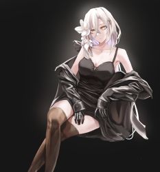 Rule 34 | 1girl, aug (girls&#039; frontline), bare shoulders, black background, black dress, black gloves, black jacket, black thighhighs, blonde hair, breasts, cleavage, closed mouth, clothes pull, collarbone, commentary, cross hair ornament, crossed legs, dress, feet out of frame, flower, girls&#039; frontline, gloves, hair flower, hair ornament, highres, jacket, jacket pull, lily (flower), long hair, looking at viewer, medium breasts, mmm (ji1945), open clothes, open jacket, orange eyes, simple background, sitting, solo, symbol-only commentary, thighhighs