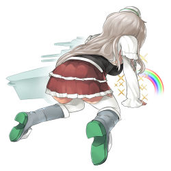 Rule 34 | 10s, 1girl, all fours, anchor, ashita no joe, breasts, from behind, granblue fantasy, hat, kantai collection, large breasts, light brown hair, long hair, mini hat, miniskirt, naik, pleated skirt, pola (kancolle), rainbow, vomiting rainbows, red skirt, rumredda, shirt, skirt, solo, sparks, thighhighs, vomiting, vomiting rainbows, wavy hair, white shirt, white thighhighs