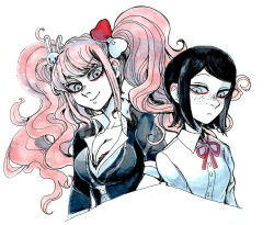 Rule 34 | black-hair, black shirt, blonde hair, blue eyes, bow, bra, breasts, rabbit hair ornament, cleavage, closed mouth, collarbone, collared shirt, danganronpa: trigger happy havoc, danganronpa (series), ears, enoshima junko, freckles, frown, hair bow, hair ornament, ikusaba mukuro, large breasts, multicolored bow, bowtie, neck ribbon, nose, red bow, red ribbon, ribbon, shirt, siblings, simple background, sisters, small breasts, smile, twins, twintails, underwear, upper body, white background, white bow, white shirt