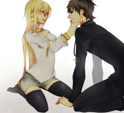 Rule 34 | 1boy, 1girl, adapted costume, black thighhighs, blonde hair, blood, bracelet, brown eyes, brown hair, earrings, fate/zero, fate (series), genderswap, genderswap (mtf), gilgamesh-ko, gilgamesh (fate), glowing, glowing eyes, haine (howling), hand on another&#039;s face, jewelry, kneeling, kotomine kirei, long hair, necklace, no shoes, official alternate costume, red eyes, shorts, thighhighs, v-neck, white background
