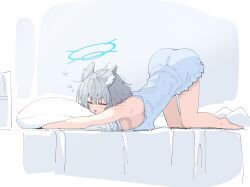 Rule 34 | 1girl, absurdres, animal ear fluff, animal ears, bare arms, bare legs, bare shoulders, barefoot, blue archive, blue halo, blue shirt, blue shorts, cat stretch, closed eyes, commentary request, full body, halo, highres, kilabo, on bed, open mouth, pillow, shiroko (blue archive), shirt, shorts, sketch background, solo, stretching, thighs, top-down bottom-up, wolf ears, wolf girl