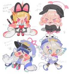 Rule 34 | + +, 4girls, puff of air, afterimage, ahoge, anger vein, angry, animal ear headphones, animal ears, aqua necktie, arm swinging, armband, bachikori-ken, beret, black headwear, black pantyhose, black sweater, blonde hair, blue archive, blue armband, blue eyes, blue hair, blue skirt, blue vest, blunt bangs, blush stickers, book, bow, braid, cat ear headphones, cat tail, chestnut mouth, chibi, collage, commentary request, fake animal ears, fake tail, feathered wings, food in mouth, fubuki (blue archive), gloves, grey hair, hair bow, hair ornament, hairclip, halo, hand on own arm, hat, head wings, headphones, highres, holding, holding book, jacket, jacket partially removed, jitome, kirino (blue archive), koharu (blue archive), long hair, looking ahead, low twintails, low wings, momoi (blue archive), multicolored clothes, multicolored hair, multicolored jacket, multiple girls, multiple hair bows, necktie, open clothes, open jacket, open mouth, pantyhose, pink eyes, pink hair, pink jacket, police, police hat, police uniform, pout, puffy cheeks, purple armband, purple eyes, purple skirt, red bow, sailor collar, school uniform, serafuku, shirt, skirt, sleeves past fingers, sleeves past wrists, streaked hair, suspenders, sweater, tail, translation request, tsurime, twin braids, twintails, uniform, v-shaped eyebrows, very long hair, very long sleeves, vest, walking, white background, white bow, white gloves, white jacket, white leg warmers, white sailor collar, white shirt, wings
