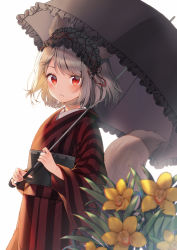 Rule 34 | 1girl, absurdres, animal ears, backlighting, black umbrella, blush, brown hair, closed mouth, commentary, cymbidium, english commentary, flower, frilled umbrella, frills, hairband, highres, holding, holding umbrella, japanese clothes, kimono, lolita hairband, long sleeves, looking at viewer, midorikawa you, obi, original, photoshop (medium), sash, simple background, solo, striped clothes, striped kimono, tail, tail raised, umbrella, upper body, vertical-striped clothes, vertical-striped kimono, white background, wide sleeves, yellow flower