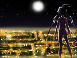 Rule 34 | 1girl, ahoge, bad id, bad pixiv id, bodysuit, cityscape, from behind, full moon, ladybug (character), long hair, magical girl, marinette dupain-cheng, mask, miraculous ladybug, moon, night, night sky, polka dot, pouch, sky, solo, twintails, xenvita