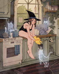 Rule 34 | 1girl, bandaid, bandaid on leg, bandaid on shoulder, barefoot, black eyes, black tank top, blue shorts, breasts, cat, dirty, dishes, downblouse, earrings, ghost, gloves, grey hair, hat, highres, jewelry, kitchen, leaning forward, long legs, medium hair, messy room, original, rubber gloves, short shorts, shorts, simz, small breasts, solo focus, tank top, witch, witch hat, yellow gloves