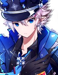 Rule 34 | 1boy, abysser (elsword), black gloves, black hat, blue eyes, blue necktie, ciel (elsword), closed mouth, coat, cross, cross earrings, earrings, elsword, expressionless, gloves, hat, jewelry, looking at viewer, male focus, necktie, no nose, peaked cap, pointy ears, runia (runia0), signature, simple background, solo, symbol-shaped pupils, upper body, white background, white hair