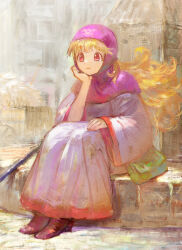 Rule 34 | 1girl, blonde hair, blunt bangs, brown footwear, building, closed mouth, dragon quest, dragon quest ii, full body, green bag, hand on own chin, highres, hood, light smile, long hair, long sleeves, outdoors, pink headwear, princess of moonbrook, red eyes, robe, sitting, solo, staff, white robe, yuza