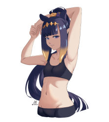 Rule 34 | 1girl, arm behind head, armpits, artist name, bl/ess, black bra, black shorts, blunt bangs, bra, breasts, circlet, collarbone, gradient hair, hair ornament, hair scrunchie, high ponytail, highres, hololive, hololive english, long hair, looking at viewer, multicolored hair, navel, ninomae ina&#039;nis, orange hair, orange scrunchie, own hands together, parted lips, pointy ears, purple eyes, purple hair, scrunchie, shorts, simple background, small breasts, solo, sports bra, sportswear, stomach, takodachi (ninomae ina&#039;nis), tentacle hair, underwear, very long hair, virtual youtuber, white background
