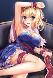 Rule 34 | 1girl, adapted costume, alice margatroid, arm over head, arm support, arm up, armpits, blonde hair, blue background, blue dress, blush, breasts, capelet, cleavage, couch, dress, embarrassed, feet out of frame, frilled dress, frilled hairband, frilled ribbon, frills, hairband, holding, holding clothes, kaeranu kaeru, large breasts, looking away, looking to the side, lying, medium hair, nervous, on couch, on side, open mouth, red ribbon, ribbon, sash, shawl, short dress, sideboob, simple background, solo, tears, thigh strap, touhou, white neckwear, white shawl, wrist cuffs