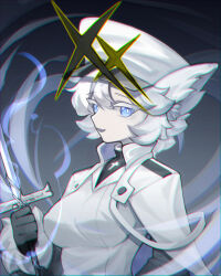 Rule 34 | 1girl, absurdres, alchemy stars, animal ears, black gloves, blue eyes, breasts, cape, chromatic aberration, colored skin, dress, fang, gloves, hat, highres, holding, holding sword, holding weapon, long sleeves, looking at viewer, medium breasts, open mouth, peaked cap, philyshy (alchemy stars), sbgu, skin fang, solo, sword, weapon, white cape, white dress, white hair, white hat, white skin