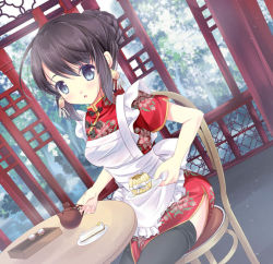 Rule 34 | 1girl, bad id, bad pixiv id, black eyes, black hair, cake, china dress, chinese clothes, dress, dutch angle, food, looking at viewer, original, parted lips, sitting, solo, suihi