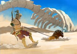 Rule 34 | 1boy, animal, animal skeleton, arm guards, armor, arrow (projectile), belt, blonde hair, boulder, bow (weapon), closed mouth, commentary, day, desert, desert voe set (zelda), dust cloud, english commentary, faulds, from side, grey hair, headband, highres, holding, holding leash, leash, link, long sleeves, looking ahead, male focus, nature, nintendo, outdoors, pants, pointy ears, profile, quiver, red pants, sand, shield, shin guards, sidelocks, sky, smile, surfing, the legend of zelda, the legend of zelda: breath of the wild, topknot, topless male, weapon, weapon on back, yangyaozigo