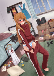 Rule 34 | 10s, 1girl, absurdres, bad id, bad pixiv id, barefoot, bed, bedroom, blue eyes, blush, chest of drawers, clothes hanger, clothes on floor, clothes pull, dutch angle, embarrassed, evangelion: 3.0 you can (not) redo, eyepatch, hat, highres, indoors, jacket, long hair, magazine (object), mimura aki, neon genesis evangelion, nightgown, panties, pants, pants pull, pulling own clothes, rebuild of evangelion, school uniform, solo, souryuu asuka langley, stereo, striped clothes, striped panties, track jacket, track pants, underwear, undressing