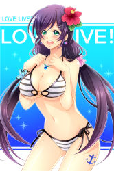 Rule 34 | 10s, 1girl, :d, absurdres, anchor symbol, bad id, bad pixiv id, bikini, breasts, copyright name, cowboy shot, earrings, flower, flower earrings, green eyes, hair flower, hair ornament, hairclip, haruki sato, hibiscus, highres, jewelry, large breasts, long hair, love live!, love live! school idol festival, love live! school idol project, necklace, o-ring, o-ring top, open mouth, purple hair, side-tie bikini bottom, smile, solo, striped bikini, striped clothes, swimsuit, tojo nozomi, twintails, very long hair