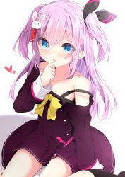 Rule 34 | 1girl, bare shoulders, black camisole, black ribbon, black socks, blue eyes, blush, bow, brown dress, camisole, collarbone, commentary request, dress, hair between eyes, hair ornament, hair ribbon, hand up, heart, highres, kouda suzu, long hair, long sleeves, looking at viewer, no shoes, off shoulder, original, parted lips, pink hair, rabbit hair ornament, ribbon, sitting, sleeves past wrists, socks, solo, strap slip, two side up, very long hair, wariza, white background, yellow bow