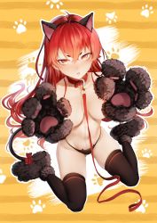 Rule 34 | 1girl, ahoge, animal ears, animal hands, artist name, bell, bow, cat ear panties, cat paws, collar, collarbone, commentary, eris greyrat, fake animal ears, fake tail, gloves, hair between eyes, highres, jingle bell, leash, long hair, looking at viewer, mushoku tensei, navel, panties, parted lips, paw gloves, red eyes, red hair, sitting, skindentation, solo, tail, tail bow, tail ornament, topless, underwear, zasshu
