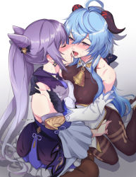 Rule 34 | 2girls, ahoge, asymmetrical docking, bare shoulders, bell, black gloves, blue hair, blush, bodysuit, bodysuit under clothes, breast press, breasts, brown bodysuit, brown legwear, closed eyes, collarbone, cowbell, detached sleeves, double bun, french kiss, ganyu (genshin impact), genshin impact, gloves, goat horns, gradient background, grey background, hair between eyes, hair bun, horns, keqing (genshin impact), kiss, large breasts, long hair, looking at another, multiple girls, negom, open mouth, pantyhose, profile, purple eyes, purple hair, saliva, saliva trail, sitting, sweat, tongue, tongue out, twitter username, yuri