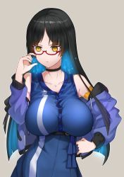 Rule 34 | 1girl, adjusting eyewear, bare shoulders, black choker, black hair, blue dress, blue hair, blue jacket, breasts, chinese commentary, choker, closed mouth, collarbone, colored inner hair, commentary request, dress, glasses, grey background, jacket, large breasts, long hair, multicolored hair, off shoulder, original, red-framed eyewear, semi-rimless eyewear, simple background, solo, two-tone hair, upper body, xiujia yihuizi, yellow eyes
