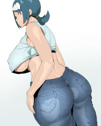Rule 34 | 1girl, absurdres, ass, blue eyes, blue hair, blue pants, breasts, commentary request, creatures (company), denim, from behind, game freak, highres, jeans, kedamono kangoku-tou, lana&#039;s mother (pokemon), large breasts, looking at viewer, mature female, midriff, mature female, nintendo, pants, pokemon, pokemon (anime), pokemon sm (anime), short hair, solo, underboob