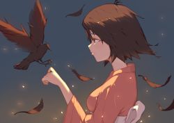 Rule 34 | 1girl, a-z (alphaomega), bird, black hair, brown eyes, crow, feathers, gradient background, japanese clothes, kimono, nonaka haru, outdoors, short hair, simple background, solo, upper body, yesterday wo utatte
