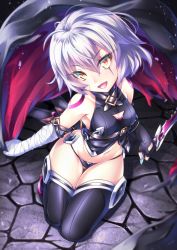 Rule 34 | 1girl, arm belt, bandaged arm, bandages, belt, black belt, black thighhighs, breasts, commentary request, dagger, facial scar, fate/apocrypha, fate/grand order, fate (series), gloves, gluteal fold, jack the ripper (fate/apocrypha), knife, lowleg, lowleg panties, miyabi urumi, open mouth, orange eyes, panties, scar, scar across eye, scar on cheek, scar on face, short hair, shoulder tattoo, silver hair, single glove, small breasts, solo, tattoo, thighhighs, underwear, weapon